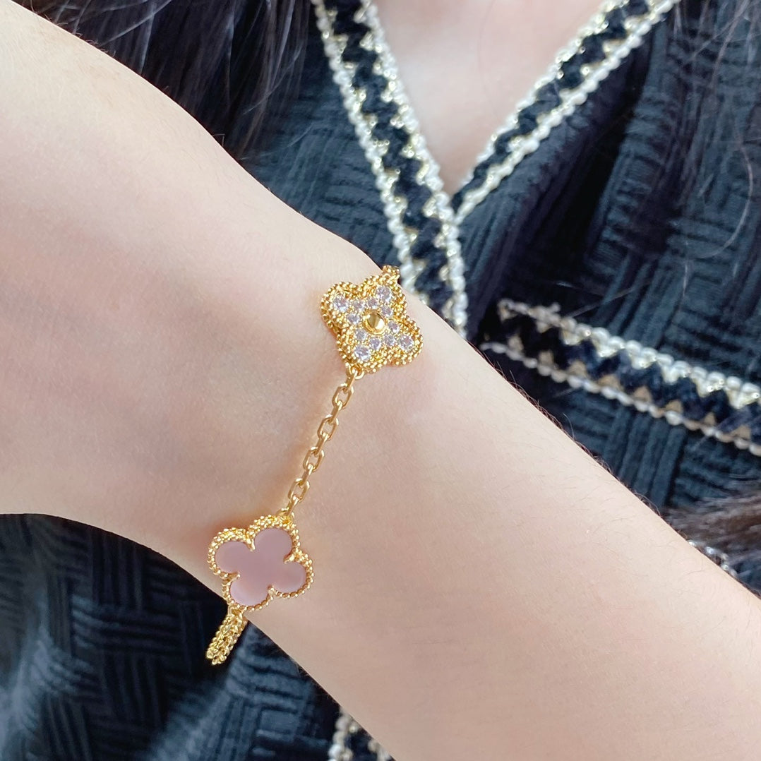 [LuxJewelry]CLOVER 5 MOTIF DIAMOND PINK MOP PINK GOLD BRACELET