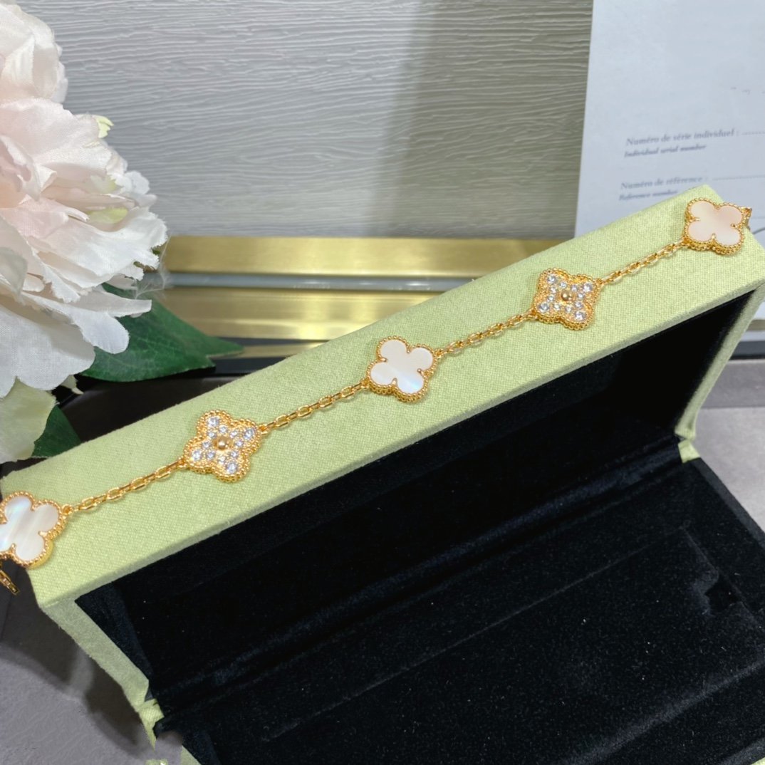 [LuxJewelry]CLOVER 5 MOTIF DIAMOND PINK MOP PINK GOLD BRACELET