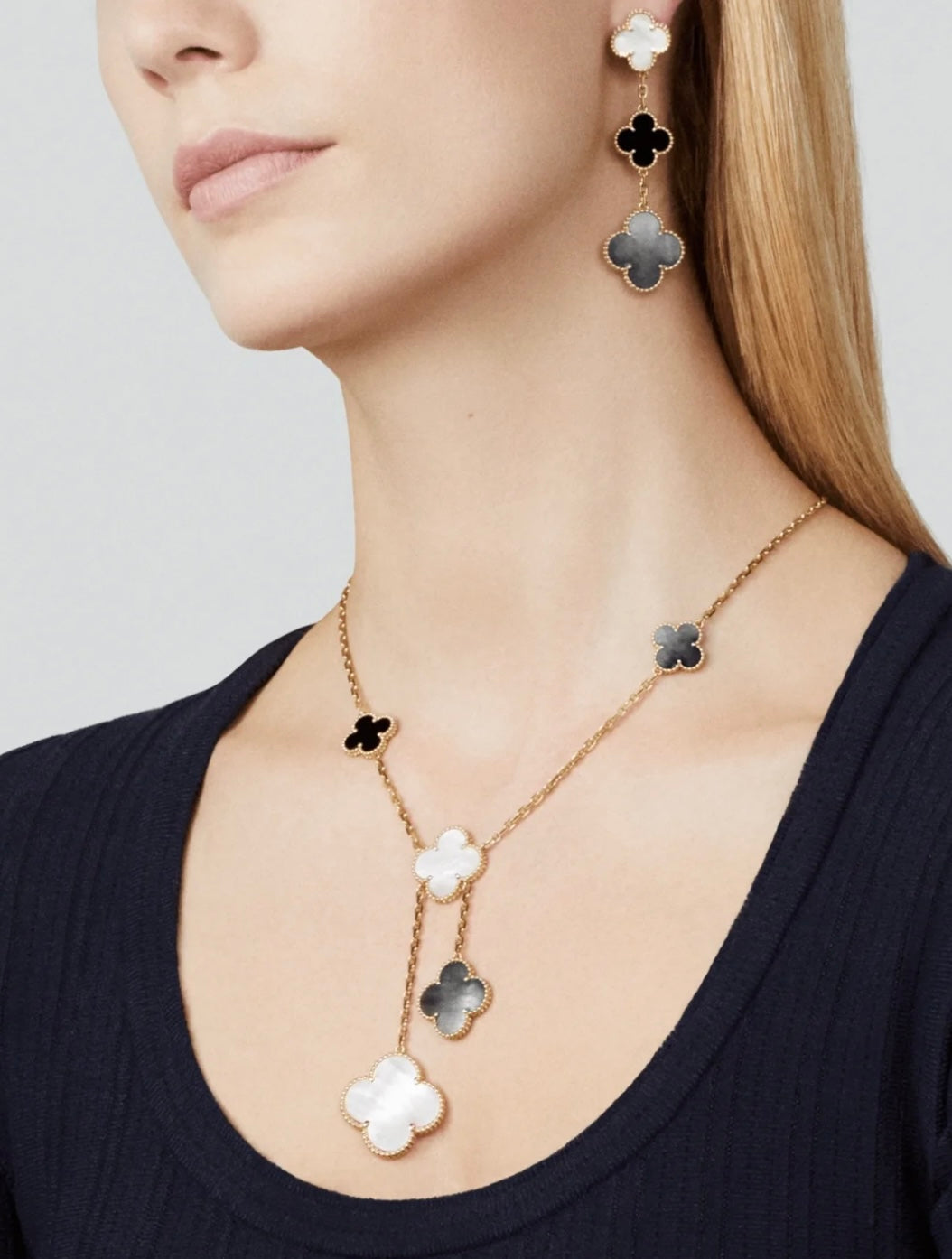 [LuxJewelry]CLOVER 3 MOTIF MOP ONYX DARK MOP PINK GOLD EARRINGS