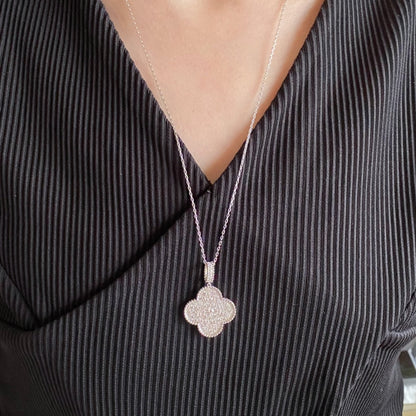 [LuxJewelry]CLOVER 25MM LARGE PEDANT DIAMOND PAVED LONG NECKLACE