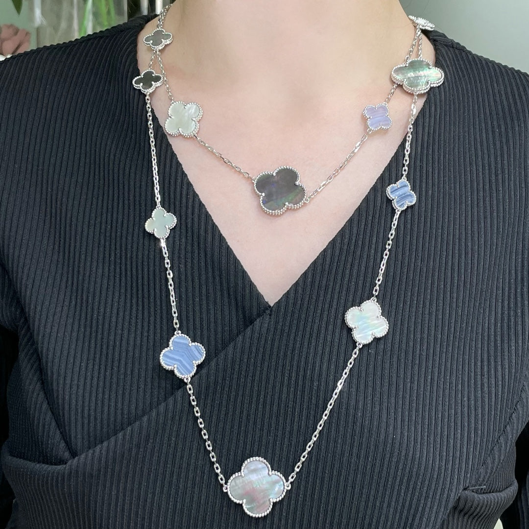 [LuxJewelry]CLOVER 16 MOTIF CHALCEDONY MOP SILVER NECKLACE