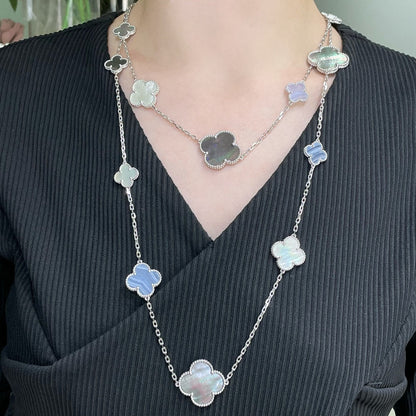[LuxJewelry]CLOVER 16 MOTIF CHALCEDONY MOP SILVER NECKLACE