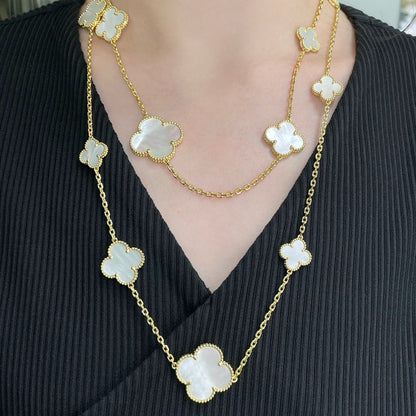 [LuxJewelry]CLOVER 16 MOTIF WHITE MOP GOLD NECKLACE