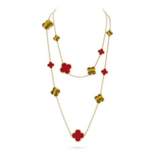 [LuxJewelry]CLOVER 16 MOTIF CARNELIAN TIGER EYE ROSE GOLD NECKLACE
