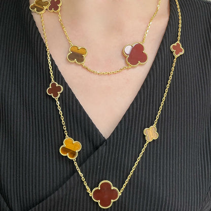 [LuxJewelry]CLOVER 16 MOTIF CARNELIAN TIGER EYE ROSE GOLD NECKLACE