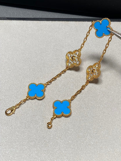 [LuxJewelry]CLOVER 5 MOTIF BLUE CHALCEDONY DIAMOND GOLD BRACELET
