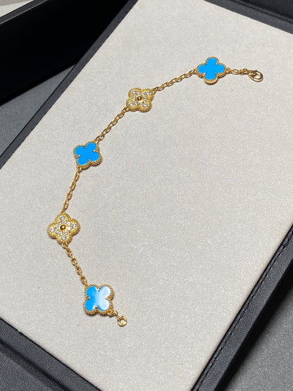 [LuxJewelry]CLOVER 5 MOTIF BLUE CHALCEDONY DIAMOND GOLD BRACELET