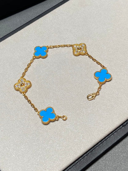 [LuxJewelry]CLOVER 5 MOTIF BLUE CHALCEDONY DIAMOND GOLD BRACELET