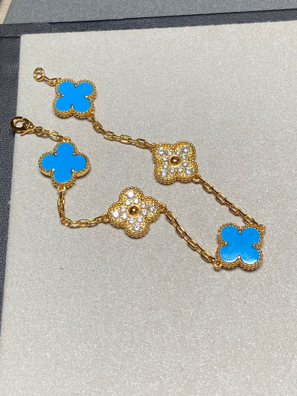 [LuxJewelry]CLOVER 5 MOTIF BLUE CHALCEDONY DIAMOND GOLD BRACELET
