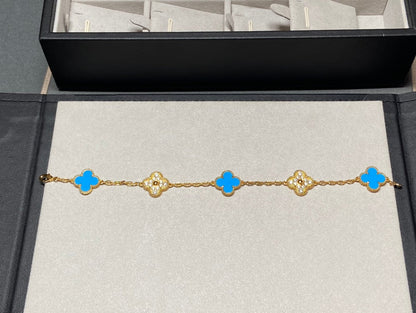 [LuxJewelry]CLOVER 5 MOTIF BLUE CHALCEDONY DIAMOND GOLD BRACELET