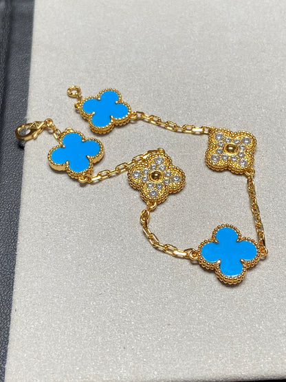 [LuxJewelry]CLOVER 5 MOTIF BLUE CHALCEDONY DIAMOND GOLD BRACELET