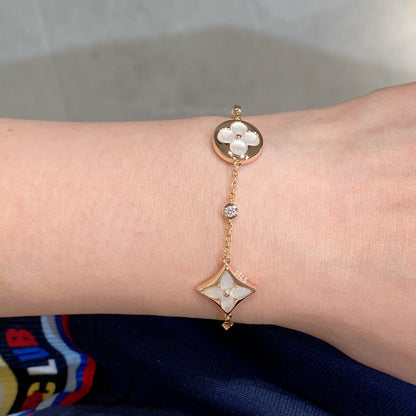 [LuxJewelry]STAR AND SUN 4 MOTIF WHITE MOP PINK GOLD BRACELET