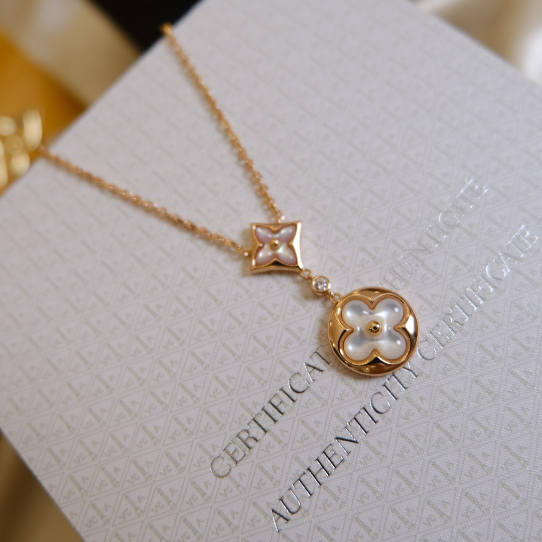 [LuxJewelry]STAR AND SUN WHITE MOP 2 MOTIF PINK GOLD NECKLACE