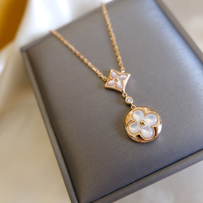 [LuxJewelry]STAR AND SUN WHITE MOP 2 MOTIF PINK GOLD NECKLACE