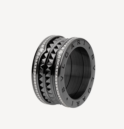 [LuxJewelry]ZERO 1 ROCK FOUR-BAND BLACK CERAMIC WITH STUDDED SPIRAL AND PAVED DIAMONDS RING