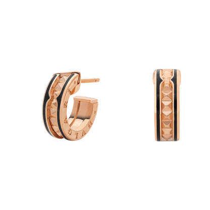 [LuxJewelry]ZERO 1 ROCK PINK GOLD EARRINGS WITH STUDDED SPIRAL AND BLACK CERAMIC