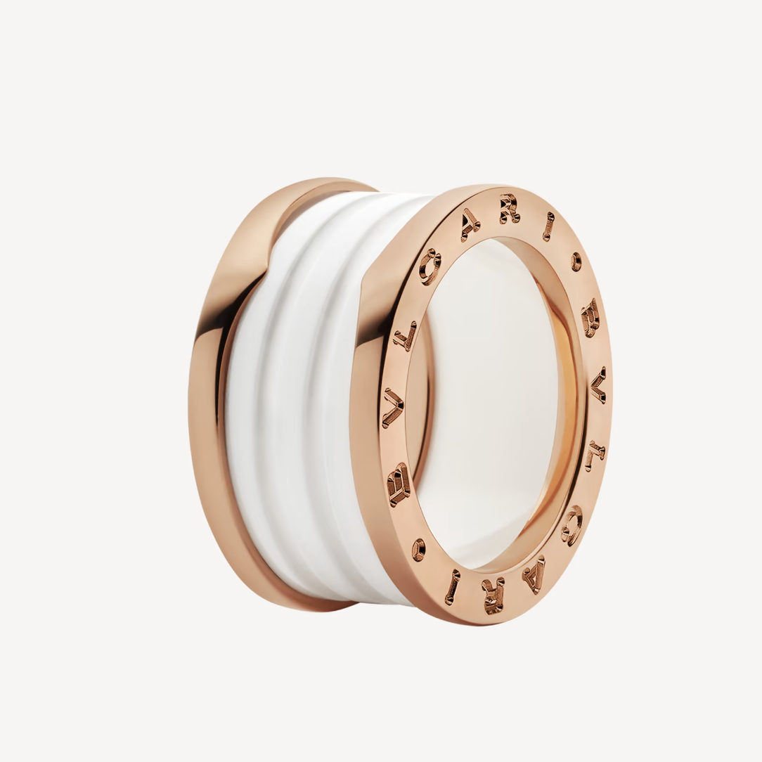 [LuxJewelry]ZERO 1 FOUR-BAND LOOPS AND WHITE CERAMIC SPIRAL PINK GOLD RING