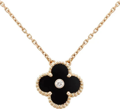 [LuxJewelry]CLOVER 15MM DIAMOND ONYX NECKLACE