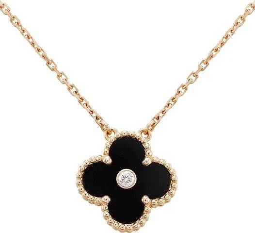 [LuxJewelry]CLOVER 15MM DIAMOND ONYX NECKLACE