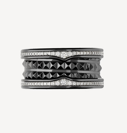 [LuxJewelry]ZERO 1 ROCK FOUR-BAND BLACK CERAMIC WITH STUDDED SPIRAL AND PAVED DIAMONDS RING