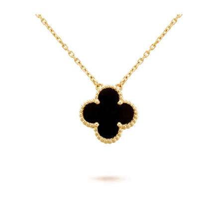[LuxJewelry]CLOVER 15MM BLACK ONYX SINGLE FLOWER NECKLACE