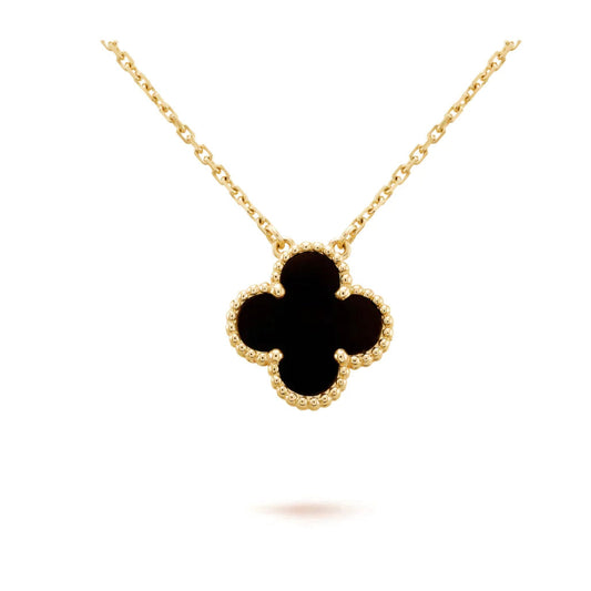 [LuxJewelry]CLOVER 15MM BLACK ONYX SINGLE FLOWER NECKLACE
