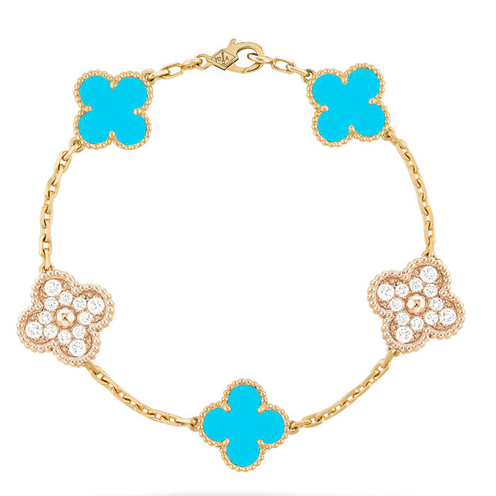 [LuxJewelry]CLOVER 5 MOTIF TURQUOISE DIAMOND GOLD BRACELET