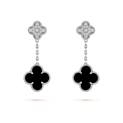 [LuxJewelry]CLOVER 2 MOTIFS  DIAMOND ONYX EARRINGS SILVER