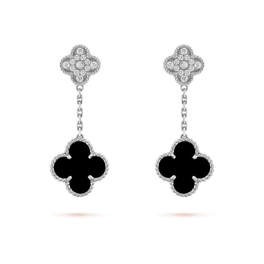 [LuxJewelry]CLOVER 2 MOTIFS  DIAMOND ONYX EARRINGS SILVER