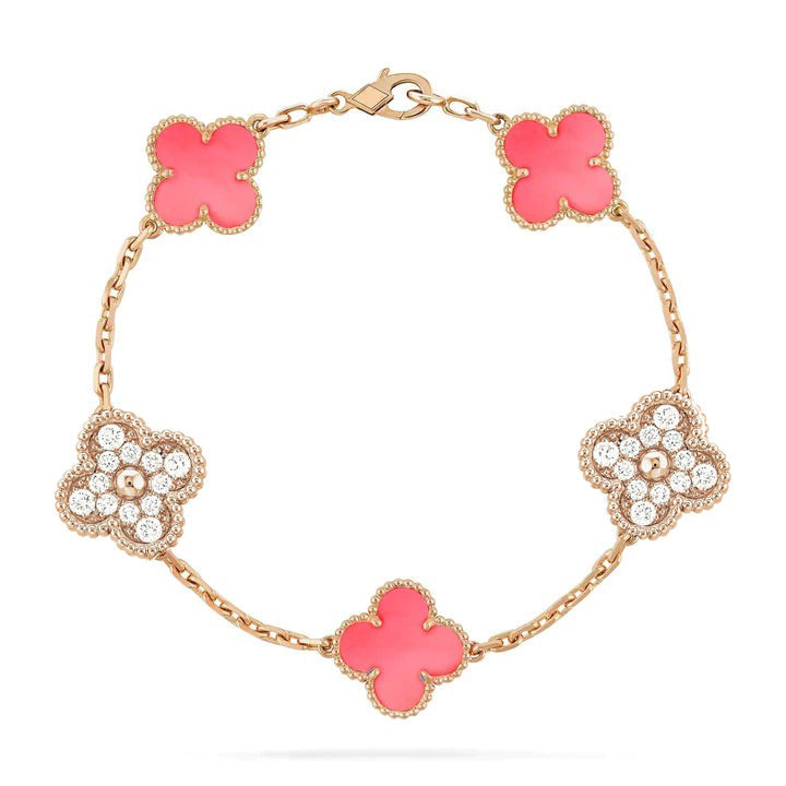 [LuxJewelry]CLOVER 5 MOTIF DIAMOND PINK MOP PINK GOLD BRACELET