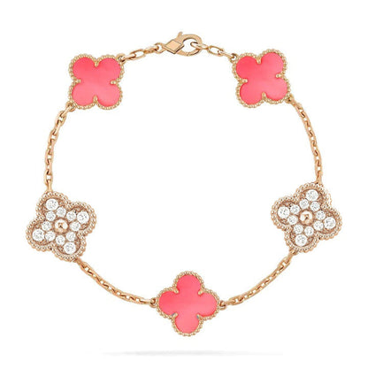 [LuxJewelry]CLOVER 5 MOTIF DIAMOND PINK MOP PINK GOLD BRACELET