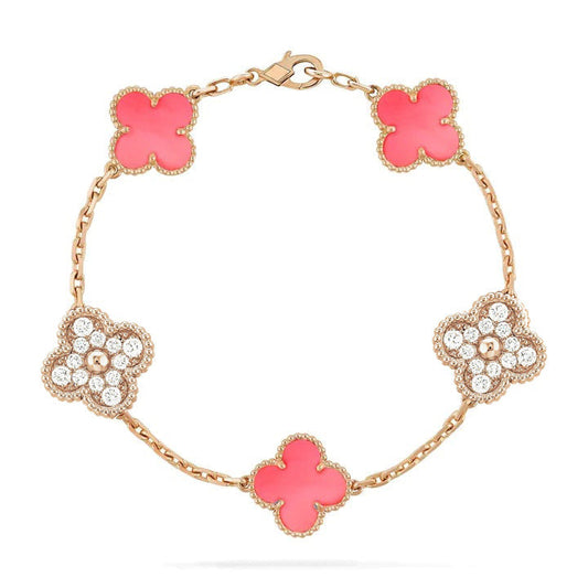 [LuxJewelry]CLOVER 5 MOTIF DIAMOND PINK MOP PINK GOLD BRACELET