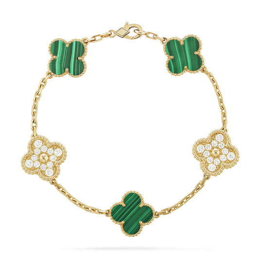 [LuxJewelry]CLOVER  5 MOTIF MALACHITE DIAMOND BRACELET