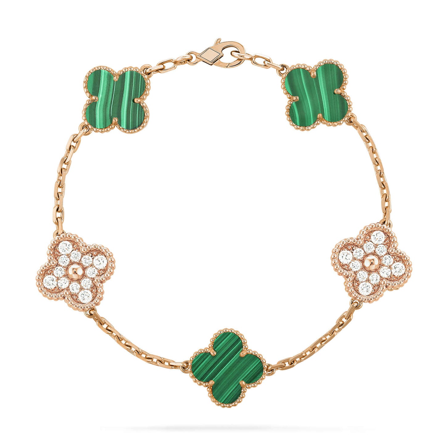 [LuxJewelry]CLOVER  5 MOTIF MALACHITE DIAMOND BRACELET