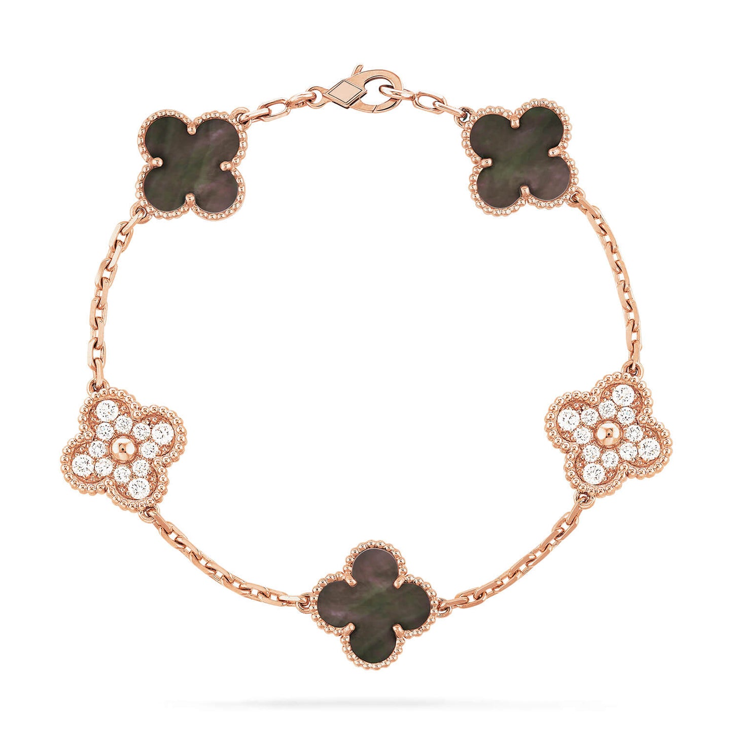 [LuxJewelry]CLOVER 5 MOTIFS DARK MOP AND DIAMONDS PINK GOLD BRACELET