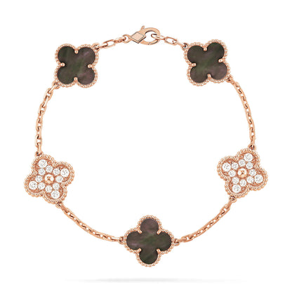 [LuxJewelry]CLOVER 5 MOTIFS DARK MOP AND DIAMONDS PINK GOLD BRACELET