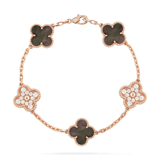 [LuxJewelry]CLOVER 5 MOTIFS DARK MOP AND DIAMONDS PINK GOLD BRACELET