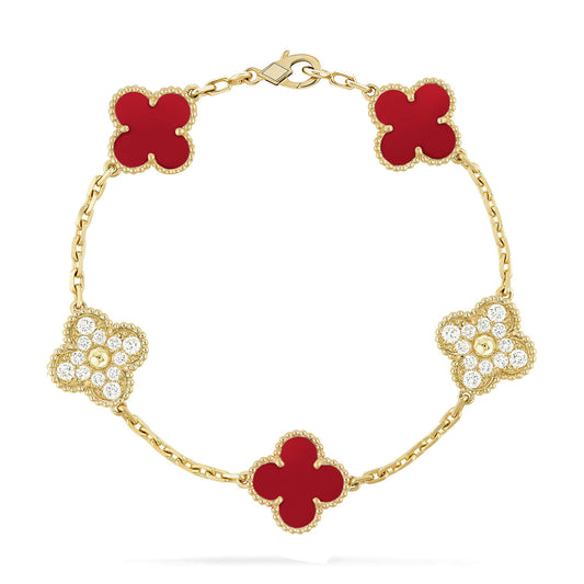 [LuxJewelry]CLOVER 5 MOTIFS CARNELIAN DIAMOND BRACELET