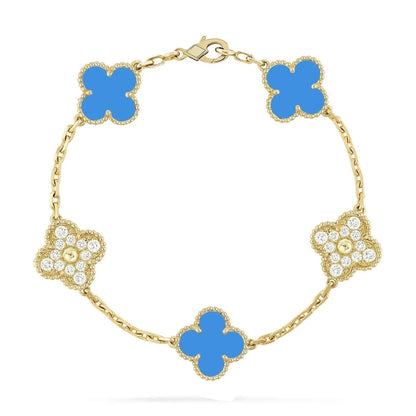 [LuxJewelry]CLOVER 5 MOTIF BLUE CHALCEDONY DIAMOND GOLD BRACELET