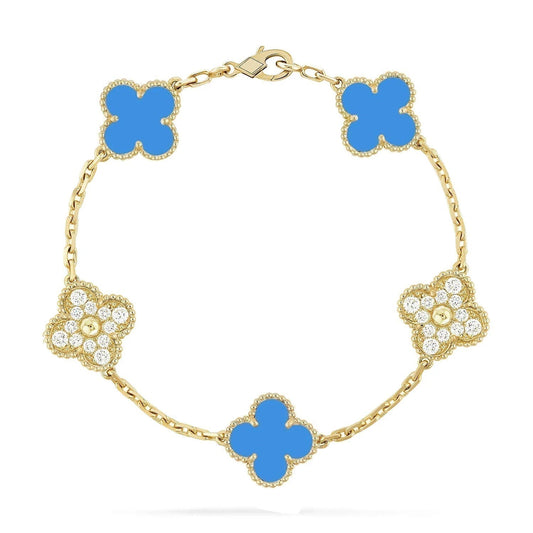 [LuxJewelry]CLOVER 5 MOTIF BLUE CHALCEDONY DIAMOND GOLD BRACELET