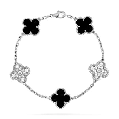 [LuxJewelry]CLOVER 5 MOTIF ONYXS DIAMOND BRACELET SILVER