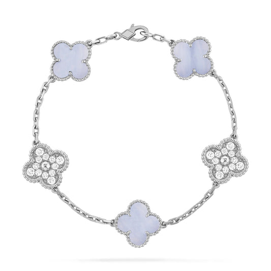 [LuxJewelry]CLOVER  5 MOTIF DIAMOND PURPLE CHALCEDONY BRACELET SILVER