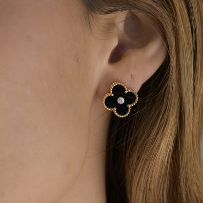 [LuxJewelry]CLOVER MEDIUM 1 MOTIFS ONYX DIAMOND EARRINGS