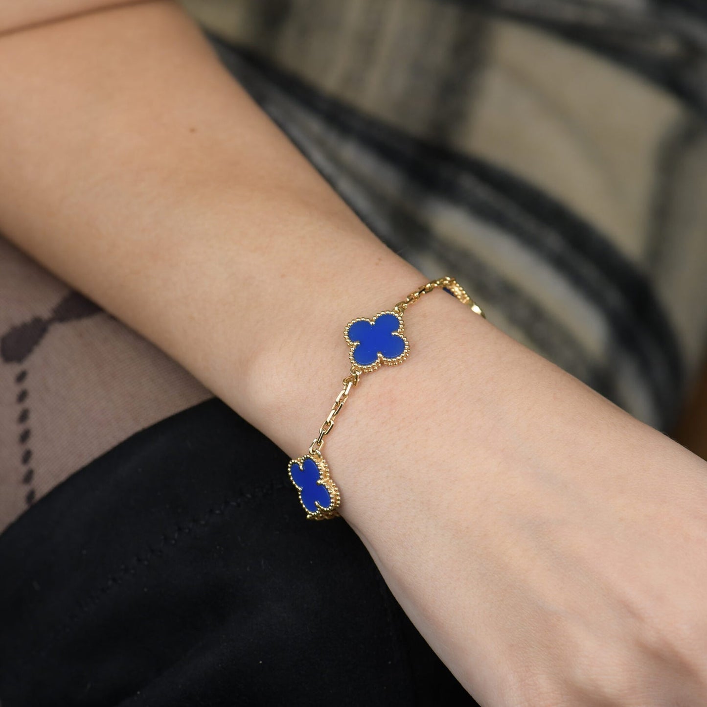 [LuxJewelry]CLOVER 5 MOTIFS BLUE AGATE BRACELET