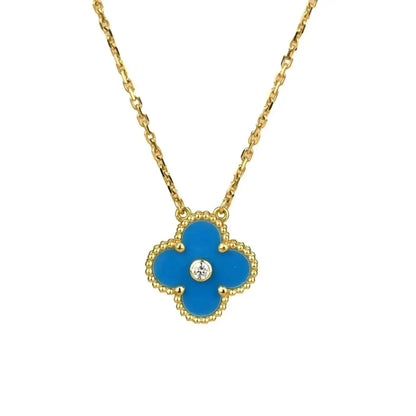 [LuxJewelry]CLOVER 15MM DIAMOND AND BLUE AGATE NECKLACE
