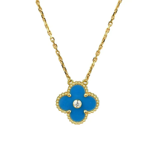 [LuxJewelry]CLOVER 15MM DIAMOND AND BLUE AGATE NECKLACE