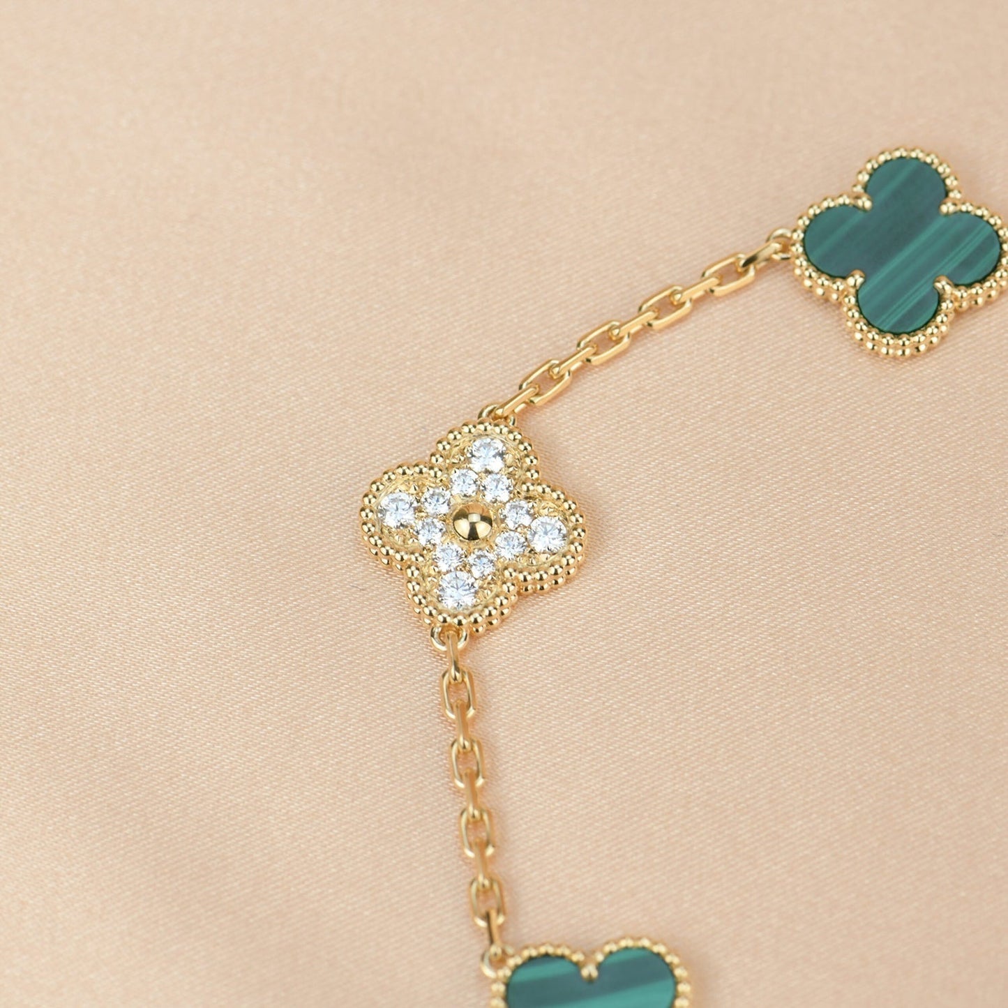 [LuxJewelry]CLOVER  5 MOTIF MALACHITE DIAMOND BRACELET