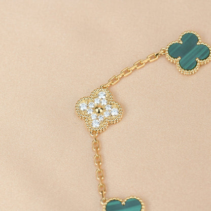 [LuxJewelry]CLOVER  5 MOTIF MALACHITE DIAMOND BRACELET