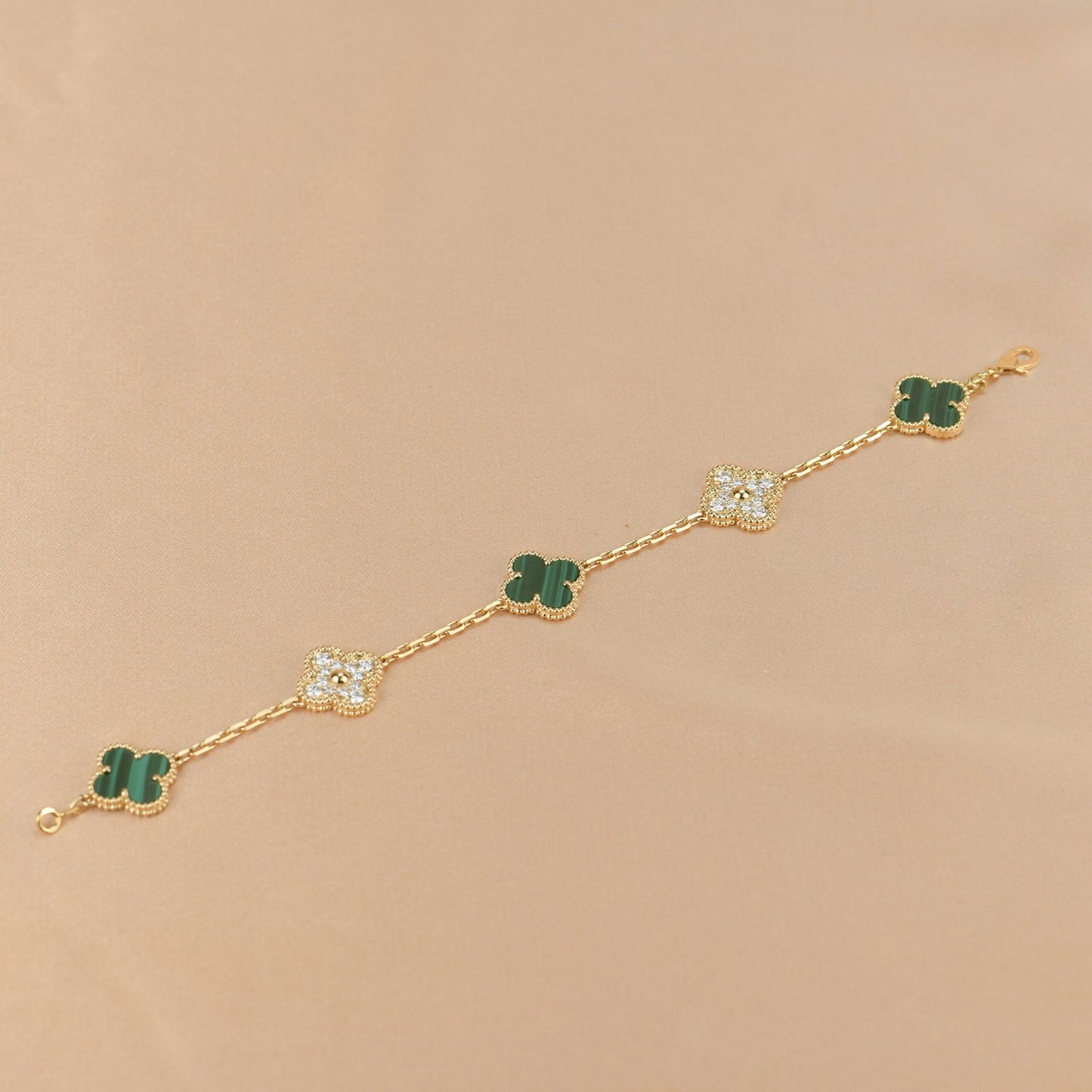 [LuxJewelry]CLOVER  5 MOTIF MALACHITE DIAMOND BRACELET