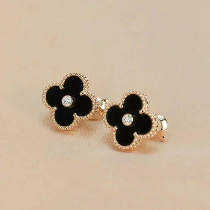 [LuxJewelry]CLOVER MEDIUM 1 MOTIFS ONYX DIAMOND EARRINGS
